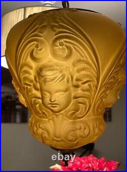 Unique Amber Satin Glass Cherub Face Hanging Victorian Lamp MID Century Swag