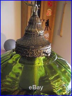 VINTAGE MID CENTURY RETRO UFO SHAPE GREEN SWAG GLASS HANGING LAMP WORKS MUST SEE