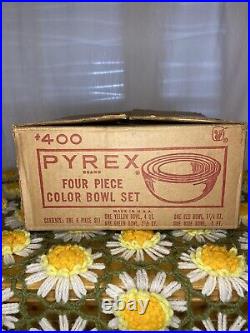 VINTAGE PYREX 4-Pc. PRIMARY COLORS BOWL SET N. O. S. IN ORIGINAL BOX NEVER USED