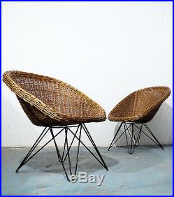 VINTAGE RETRO 1950s MID CENTURY WOVEN WICKER AND METAL BASKET WOMB CHAIR