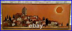 VINTAGE RETRO 60s MID CENTURY OIL PAINTING ON BOARD TOWNSCAPE WARM COLOURS