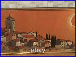 VINTAGE RETRO 60s MID CENTURY OIL PAINTING ON BOARD TOWNSCAPE WARM COLOURS