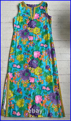 VTG 1960's Floral Tunic Kaftan Dress Mod Hippy Couture Stitches Excellent L XL