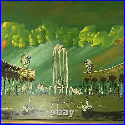 VTG 1960s Mid Century Art Painting Roman Piazza Scene GREEN Signed 53x29 SWANKY