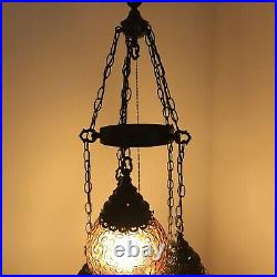 VTG 5 Amber Glass Globe Swag Light Chandelier Mid Century Retro Gothic Spanish