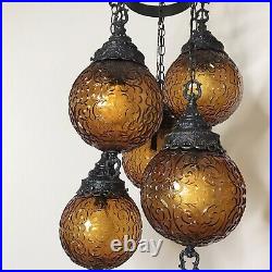 VTG 5 Amber Glass Globe Swag Light Chandelier Mid Century Retro Gothic Spanish