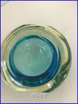 VTG. Heavy Murano Glass Geode Flat Sided Blue Bowl Mid Century Modern Sommerso
