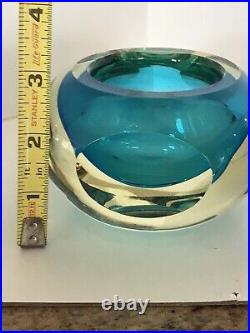 VTG. Heavy Murano Glass Geode Flat Sided Blue Bowl Mid Century Modern Sommerso