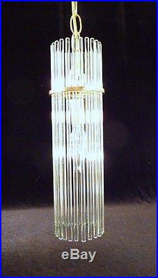 VTG LIGHTOLIER/SCIOLARI MID-CENTURY CLEAR GLASS ROD CHANDELIER BRASS RETRO 1/12