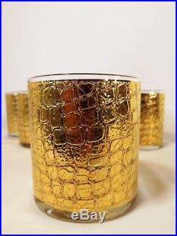 VTG Mid Century GOLD SNAKESKIN LOWBALL DRINKING BAR GLASS SET Glam Retro CULVER