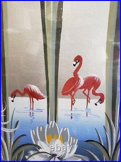 VTG Mid Century Tropical Flamingos Painting Silver Board Framed