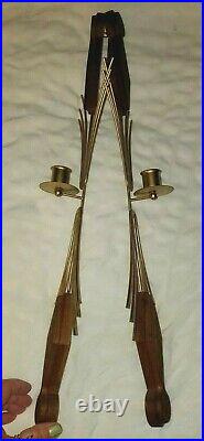 Vint PAIR Mid Century Modern Wood Brass Keyhole Starburst Candle Wall Sconces