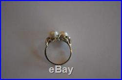 Vintage 14K White Gold Pearl Diamond Toi Et Moi By Pass Ring Retro Mid Century