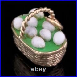 Vintage 14k Yellow Gold Enamel Charm Egg Basket Retro Mid Century Green Estate