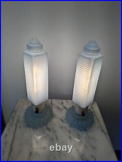 Vintage 1930s Blue Frosted Glass Art Deco Boudoir Skyscraper Table Lamps
