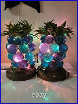Vintage 1960s Lucite Acrylic Grape Cluster Pineapple Blue Lamp. Pair