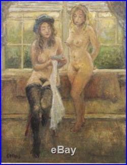 Vintage 1970 Authentic, Roy Collins, Two Nude Women Oil Painting NR