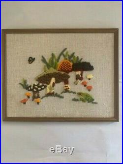 Vintage 1970's Framed Handmade Needlepoint Art Frog, Bee with Mushrooms