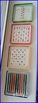 Vintage 4 SMYERS ART GLASS COASTERS Assorted Designs Mid Century Set Wood Stand