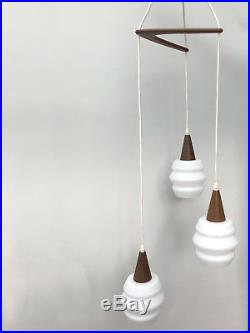Vintage 60s DANISH Ceiling Pendant Light TEAK Retro Mid Century Chandelier Lamp