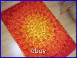 Vintage 70's Sunburst wool rug orange yellow red Mid-Century Rya Pop Art
