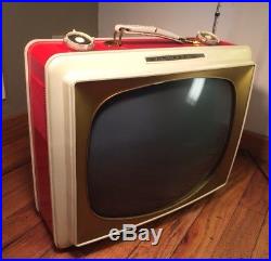 Vintage Admiral 19 Portable TV WORKS! Red RARE MCM Retro Mid Century Gold Round