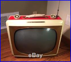 Vintage Admiral 19 Portable TV WORKS! Red RARE MCM Retro Mid Century Gold Round