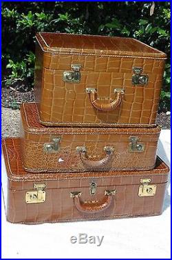 Vintage Alligator look Cowhide Luggage 3 Suitcases Set Retro 1950's Mid Century