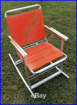 Vintage Aluminum Vinyl Webbed Folding Rocking Lawn Chair Mid Century Orange MCM