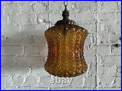 Vintage Amber Glass Swag Lamp MID Century Modern Boho Light Fixture Ceiling