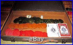 Vintage Art Deco Bakelite Marbled 399 Black Red Butterscotch Poker Chips & Case