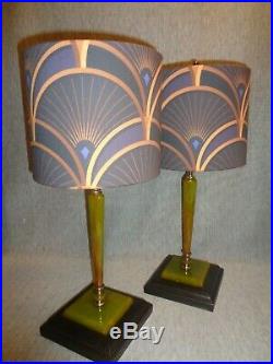 Vintage Art Deco Green Bakelite Lamps (pair) withDesigner Fabric Shades