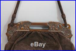 Vintage Authentic 70s Valentino Suede Leather Carved Wood Handle Tassels Handbag