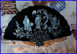 Vintage Black Lacquer Fan Abalone Inlay MCM Mid-century Decor Retro Asian Neat