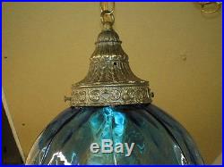 Vintage Blue Glass Retro Mid Century Modern Hanging Swag Light Lamp Electric