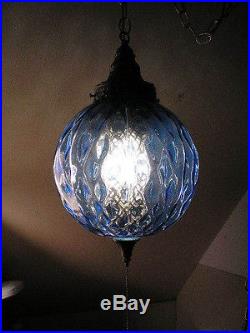 Vintage Blue Glass Retro Mid Century Modern Hanging Swag Light Lamp Electric
