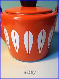Vintage Cathrineholm Orange Teapot Tea Kettle Lotus Bowl Enamel Mid Century