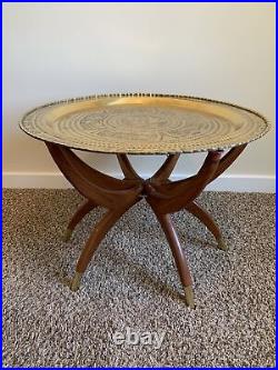 Vintage Coffee Table Round Brass Tray Wood Spider Leg Mid Century Hong Kong NICE
