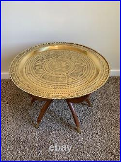 Vintage Coffee Table Round Brass Tray Wood Spider Leg Mid Century Hong Kong NICE