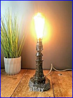 Vintage Cornish Serpentine Marble Lighthouse Desk Table Lamp Retro MID Century
