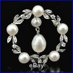 Vintage Diamond Pearl 14k White Gold Brooch Pin Pendant Wreath Retro Mid Century