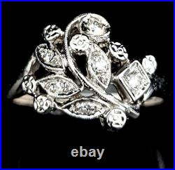 Vintage Diamonds 14k White Gold Floral Branch Ring Retro Mid Century Estate Gift