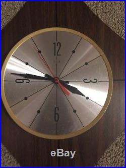 Vintage Elgin Starburst Floating Wall Clock Mid Century Mcm Veneer Retro Tested