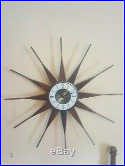 Vintage Elgin Starburst Wall Clock Wood Atomic Sunburst Retro Mid Century Decor