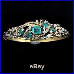 Vintage Emerald Diamond Bracelet Floral 14k Yellow Gold Retro Estate Mid Century