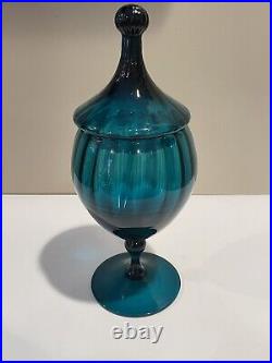 Vintage Empoli Art Glass Mid Century MCM Pedestal Jar Teal Blue withLid-Perfect