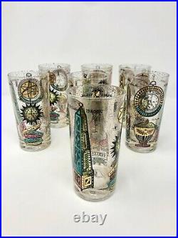 Vintage Georges Briard MCM Clear World Time Glasses Gold Confetti Set of 7 Rare
