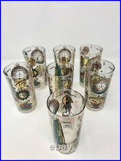 Vintage Georges Briard MCM Clear World Time Glasses Gold Confetti Set of 7 Rare