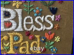Vintage God Bless Our Pad Wall Art 1970s Crewel Mid-Century Retro Hippie Kitsch