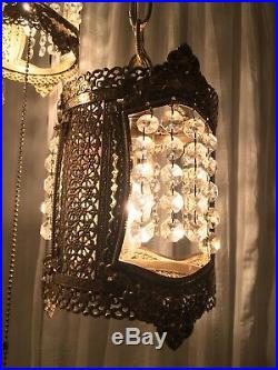 Vintage Gold Filigree Crystal Mid Century Lamp Hanging Swag Hollywood Regency